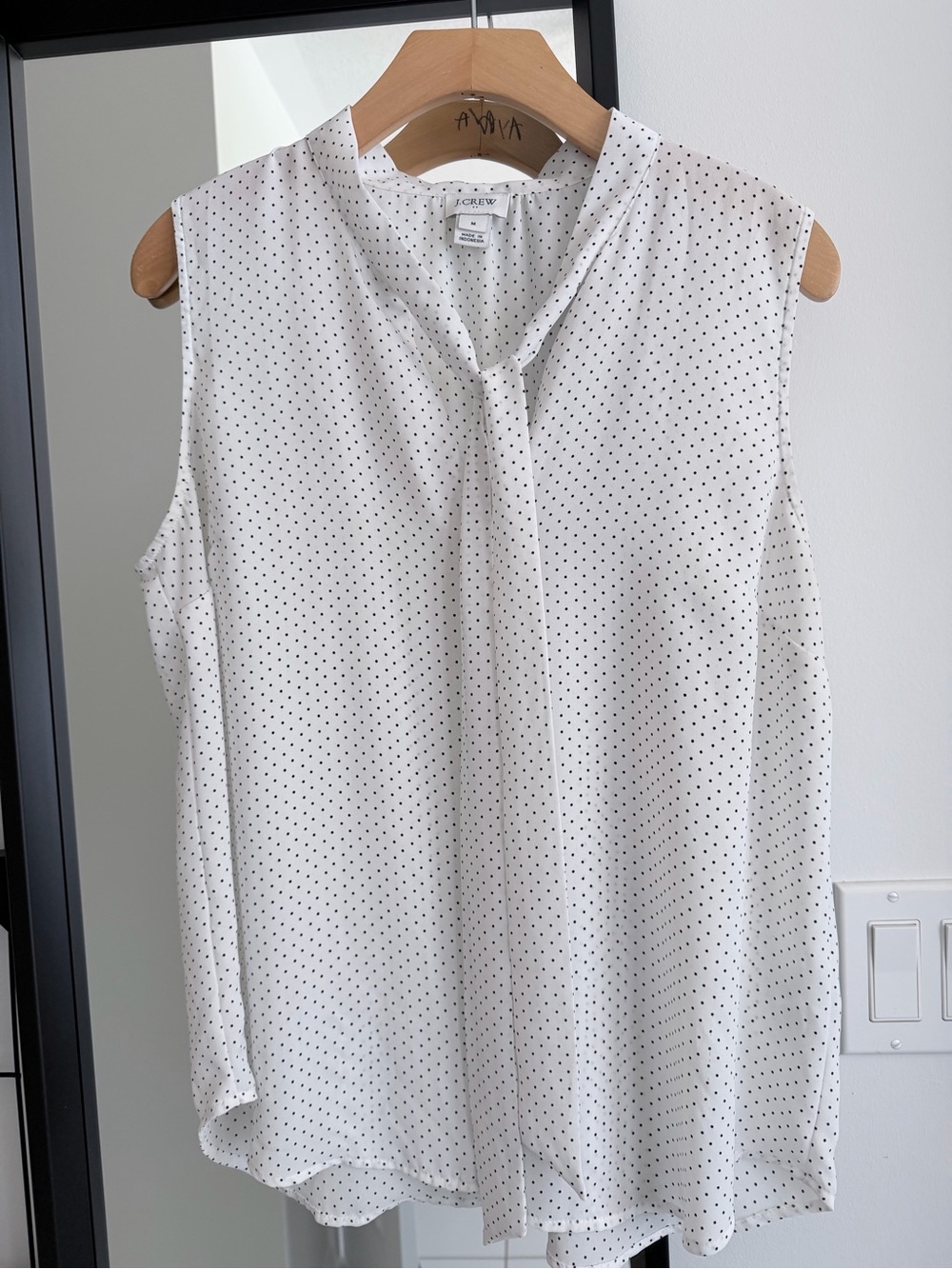 J. Crew White Sleeveless Micro-Polka Dot Tie-Neck Blouse Size M